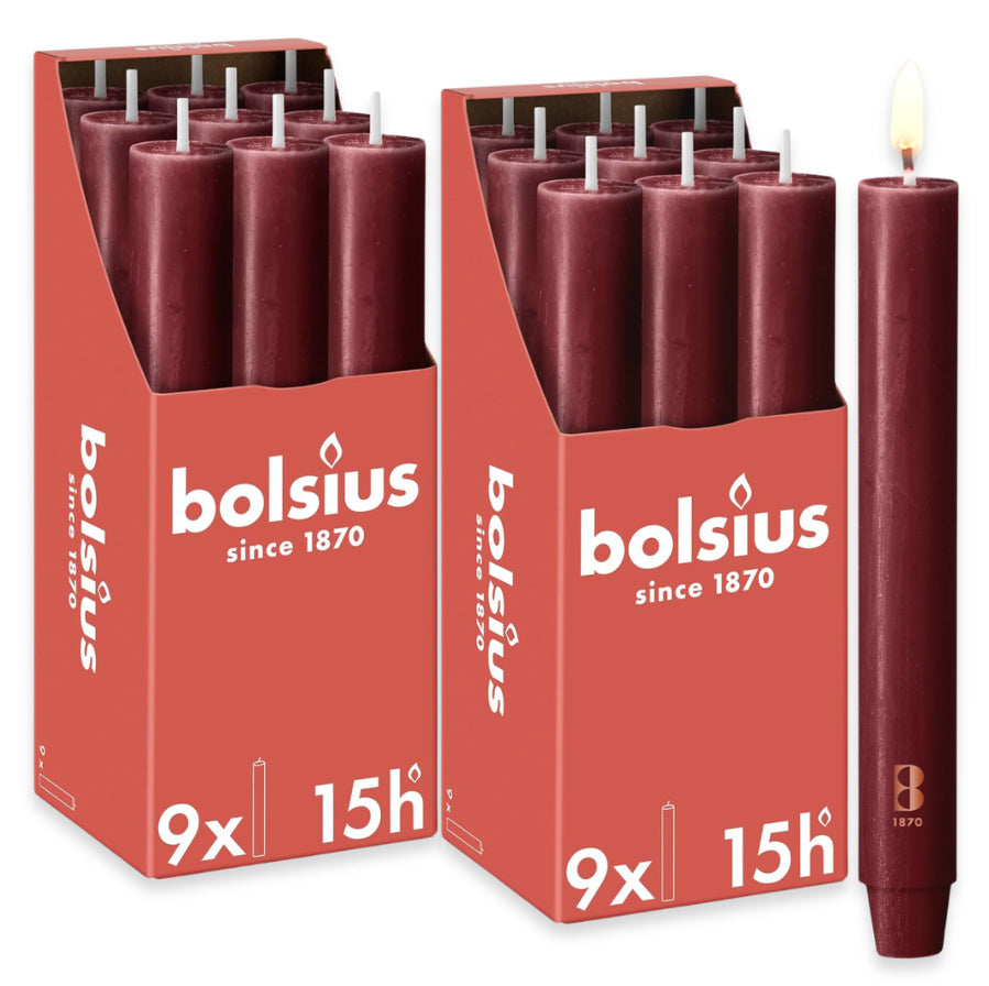 18 Stück Bolsius Rustik XL Stabkerzen 230x30mm 15h Tafelkerzen durchgefärbt mit Zapfenfuß (2x9er)