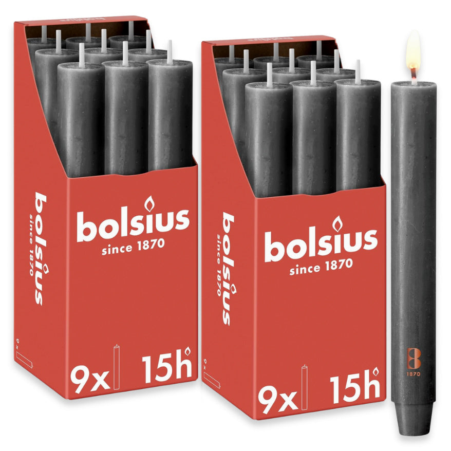 18 Stück Bolsius Rustik XL Stabkerzen 230x30mm 15h Tafelkerzen durchgefärbt mit Zapfenfuß (2x9er)