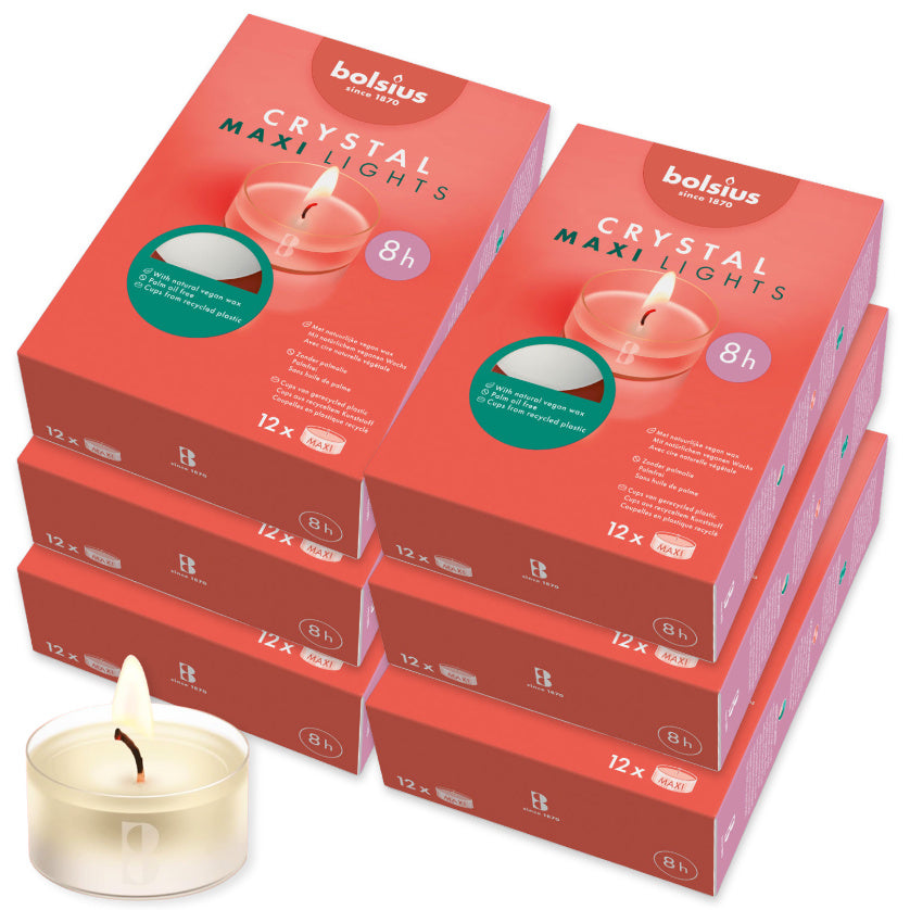 72-tlg. Bolsius Crystal Lights Maxi Teelicht 8 Stunden 57x25mm Acryl Cup klar (6x12er)