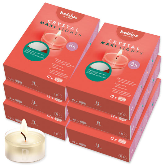 72 Bolsius Crystal Lights Maxi Teelicht 8 Stunden 57x25mm Acryl Cup klar (6x12er)