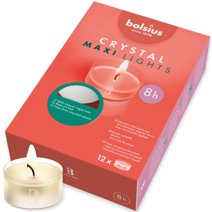 12er Pack Bolsius Crystal Lights Maxi Teelicht 8 Stunden 57x25mm Teelichte Acryl Cup klar