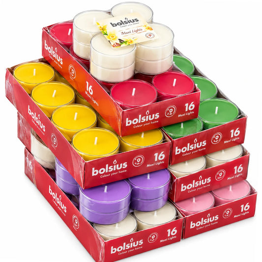 120 Stück Bolsius Maxi Duft-Teelichter 8h Acryl Cup Maxilichte - Mix Düfte & Farben