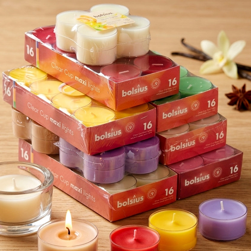 120 Stück Bolsius Maxi Duft-Teelichter 8h Acryl Cup Maxilichte - Mix Düfte & Farben