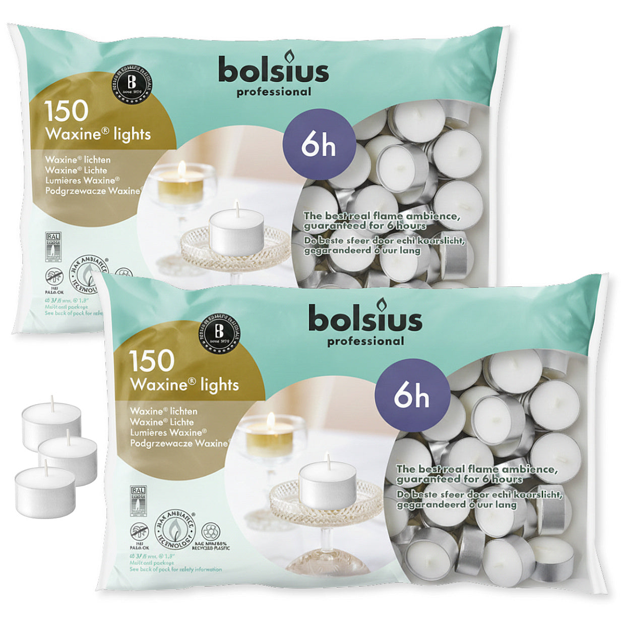 300 Stück Bolsius Professional Teelichte 6 h Teelicht Alu Cup Beutel (2x150er) - Silber