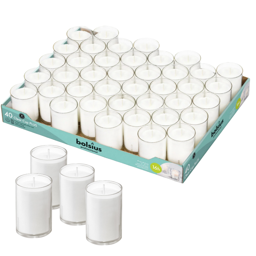 40er Tray Bolsius Refill Nachfüller Kerzen Acryl Cup 42x55mm Relight Nachfüll-Lichte - transparent