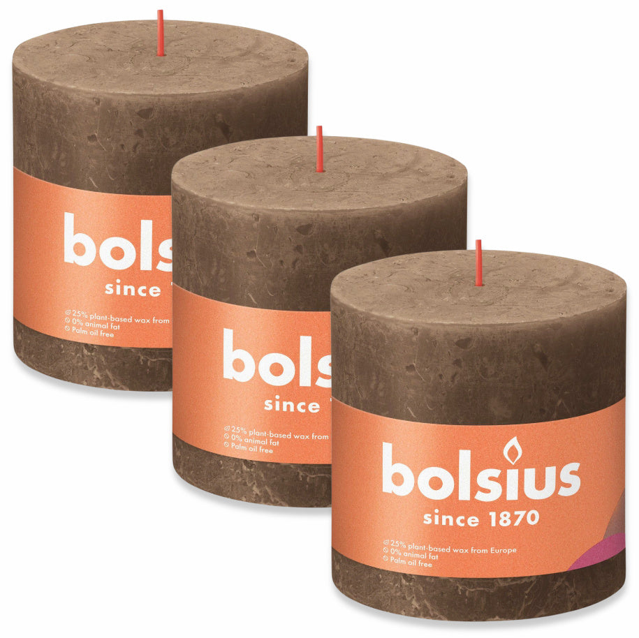 3er Set Bolsius Rustik Stumpenkerzen 100x100mm Wildleder-braun