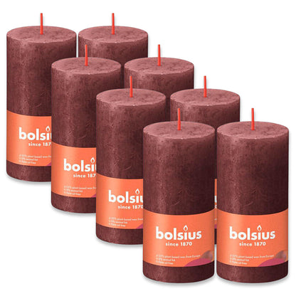 8er Set Bolsius Rustik Stumpenkerzen 100x50mm Blockkerzen klein - Samtrot