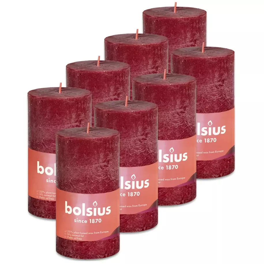 8er Set Bolsius Rustik Stumpenkerzen 100x50mm Blockkerzen klein - Samtrot