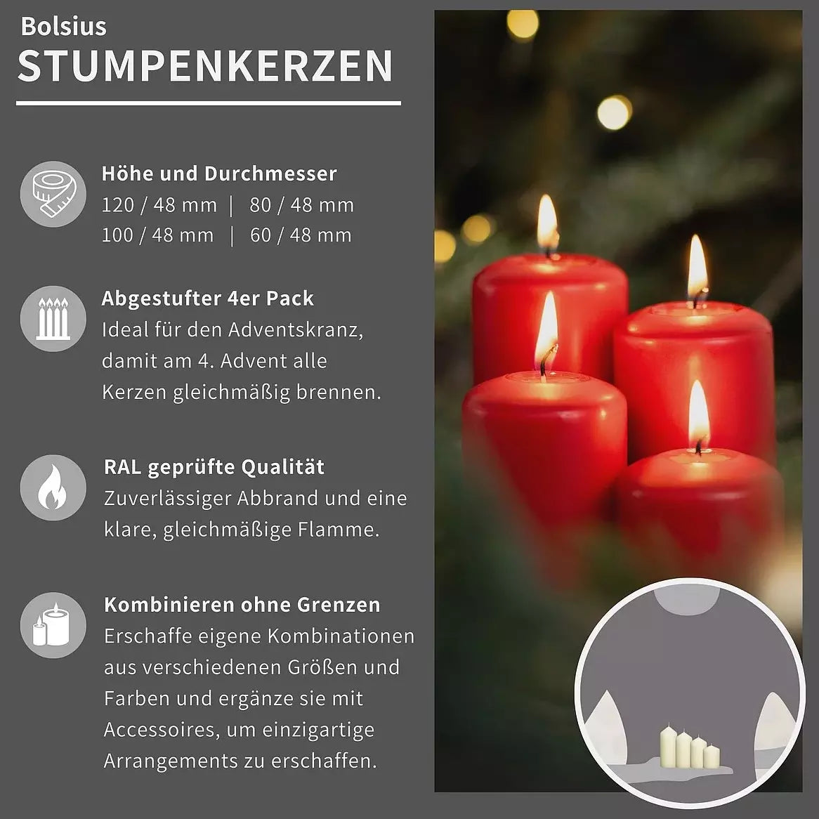 20 Stk (5 x 4er) Bolsius Stumpenkerzen 12/10/8/6 cm Ø 4,8 cm Advent Kerzen abgestuft glatt