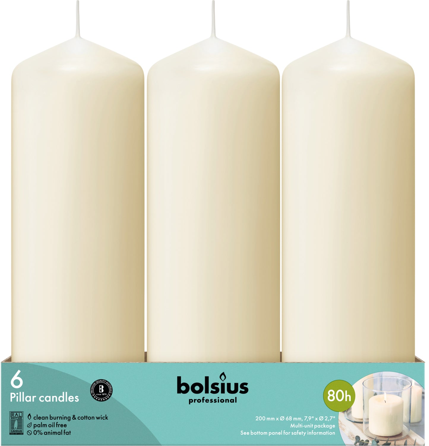 6er Set Bolsius Professional Stumpenkerzen 200x68mm Blockkerzen glatt - Elfenbein