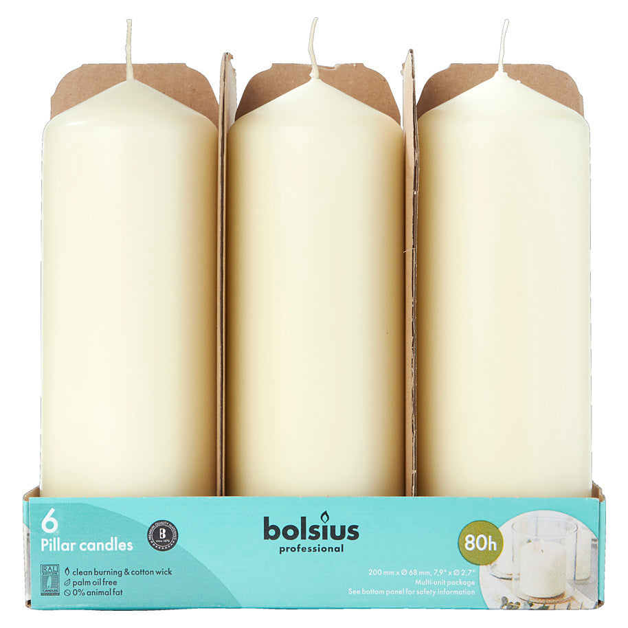 6er Set Bolsius Professional Stumpenkerzen 200x68mm Blockkerzen glatt - Elfenbein