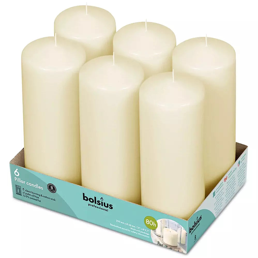 6er Set Bolsius Professional Stumpenkerzen 200x68mm Blockkerzen glatt - Elfenbein