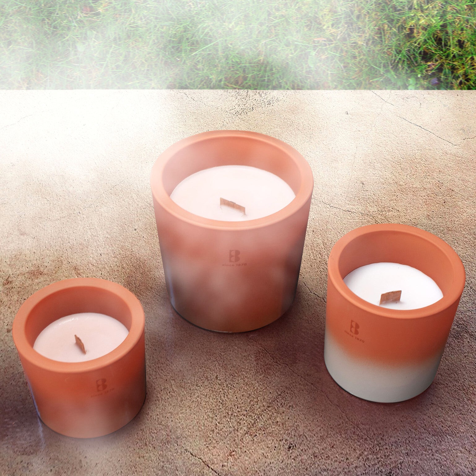 6er Set Bolsius Summer Nights Outdoor Kerzengläser 90x80mm Holzdocht Terrakotta-Creme