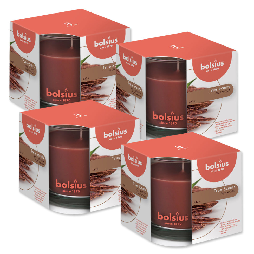 4er Set Bolsius True Scents Duftgläser 95x95mm Duftkerzen Kerzenglas Groß - Oud Wood