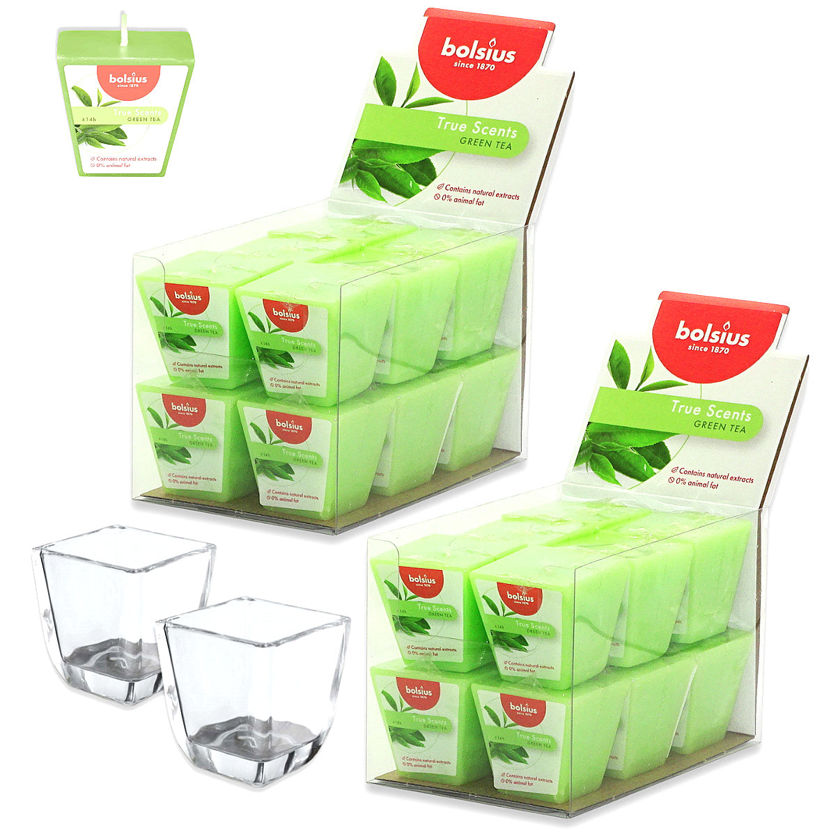 24 Stk Bolsius True Scents Votivkerzen Square 47x47mm Duftkerzen (2x12er) + 2 Gläser Gratis