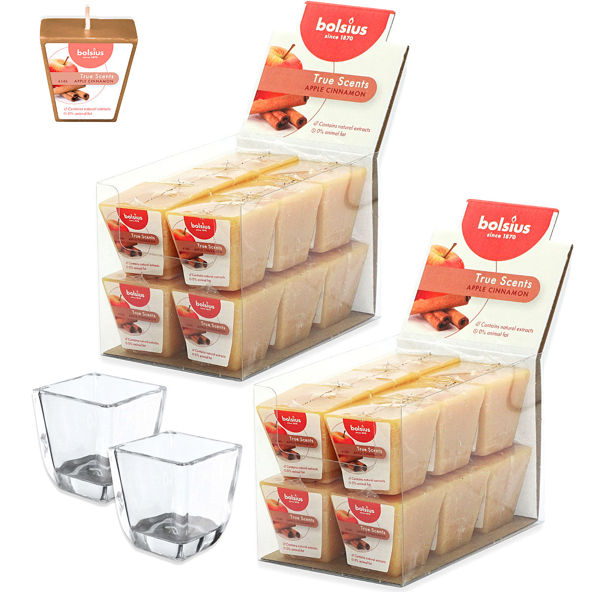24 Stk Bolsius True Scents Votivkerzen Square 47x47mm Duftkerzen (2x12er) + 2 Gläser Gratis