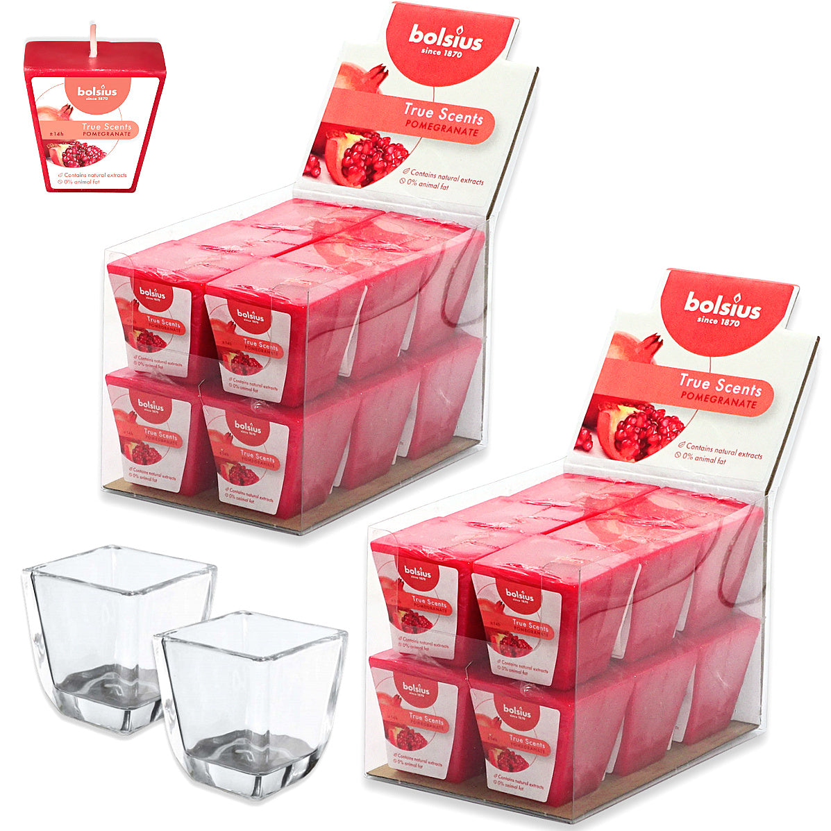 24 Stk Bolsius True Scents Votivkerzen Square 47x47mm Duftkerzen (2x12er) + 2 Gläser Gratis
