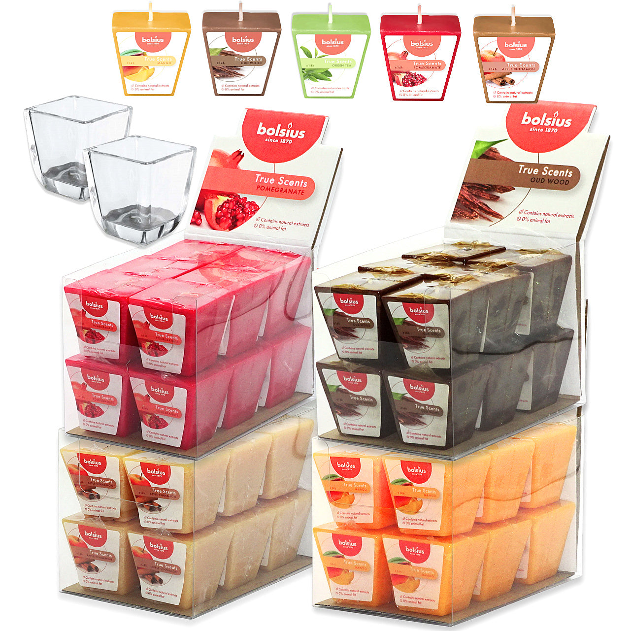 24 Stk Bolsius True Scents Votivkerzen Square 47x47mm Duftkerzen (2x12er) + 2 Gläser Gratis