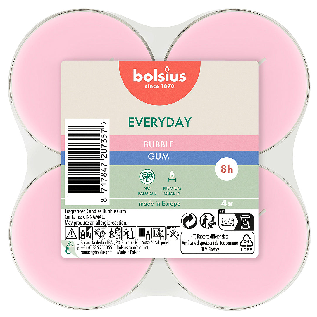 48 Stück Bolsius Everyday Duft Maxi Teelichter 8h Acryl Cup Bubble Gum (12x4er)