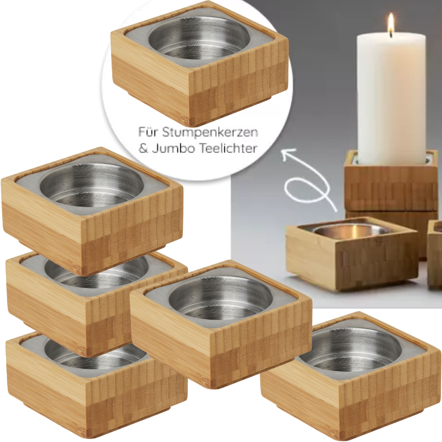 6 Stk Duni Kerzenhalter 3in1 Bambus 95x50mm für Stumpenkerzen Kerzenständer - Natur