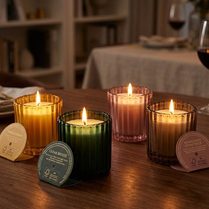 12er Set Duftgläser 75mm Duftkerzen im Glas Kerzengläser geriffelt 4 Farben sortiert