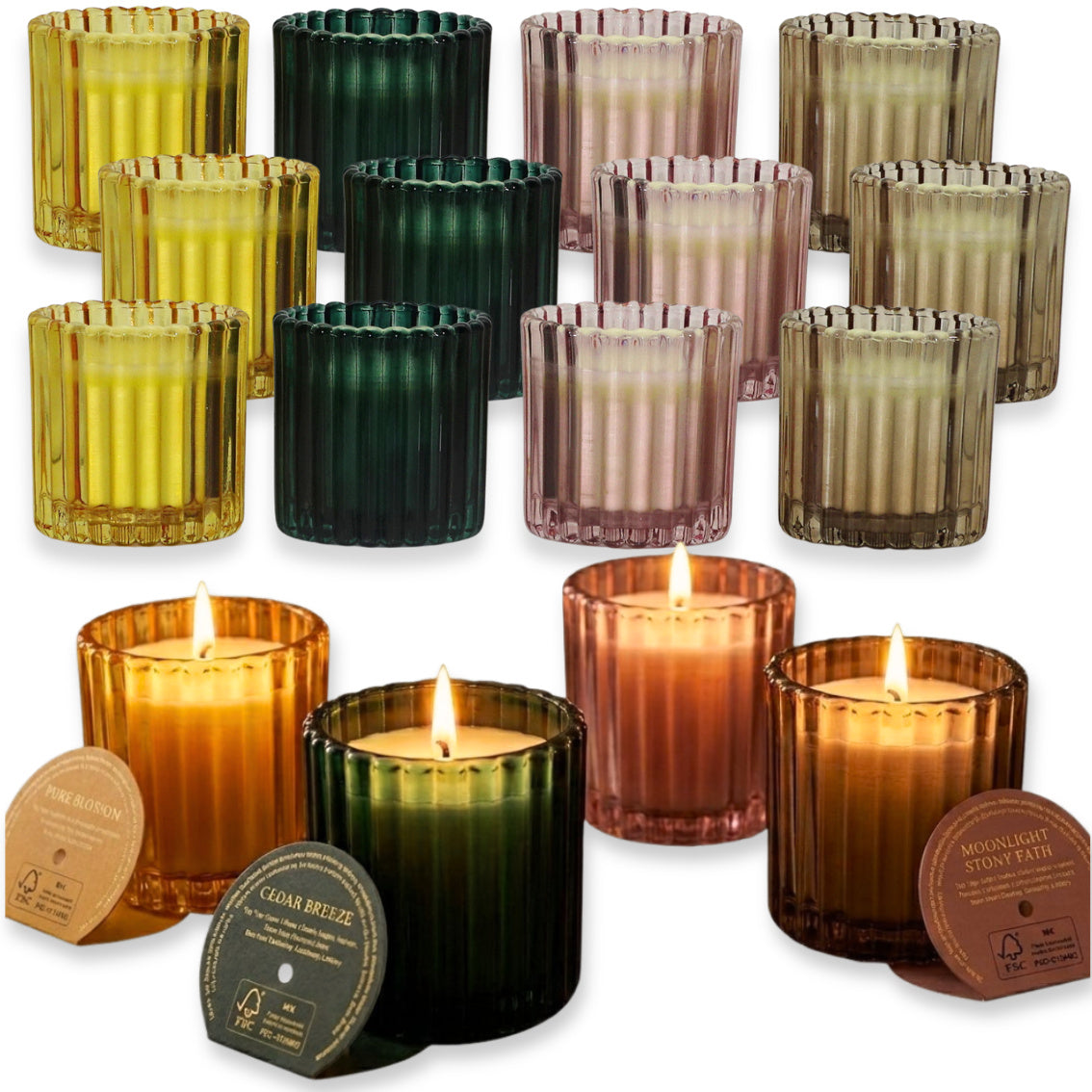 12er Set Duftgläser 75mm Duftkerzen im Glas Kerzengläser geriffelt 4 Farben sortiert