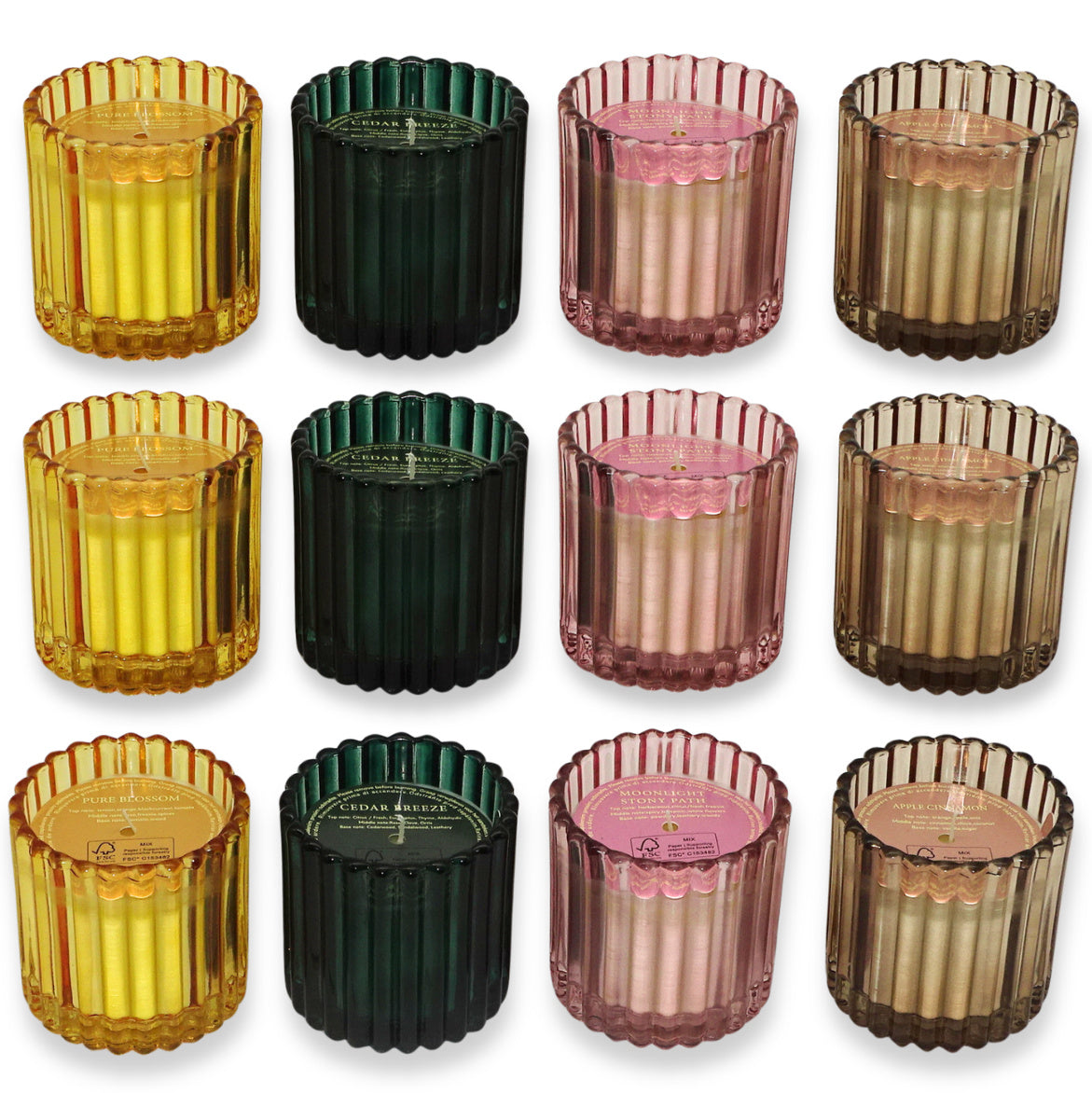 12er Set Duftgläser 75mm Duftkerzen im Glas Kerzengläser geriffelt 4 Farben sortiert