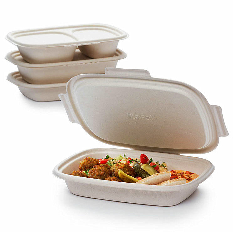 200 Stk Bio Bagasse Menüboxen mit Klappdeckel 900ml ungeteilt - Braun (4x50er)