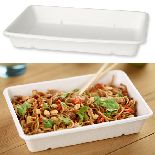 480 Stk Bio Schalen 850ml Bagasse 100% kompostierbar Rechteckig Box - weiß (12x40er)