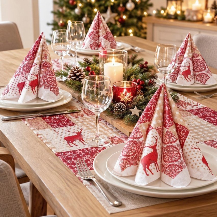 144 Stück Airlaid Servietten 40x40cm Stoffoptik Weihnachten - Nordic rot (12x12er)