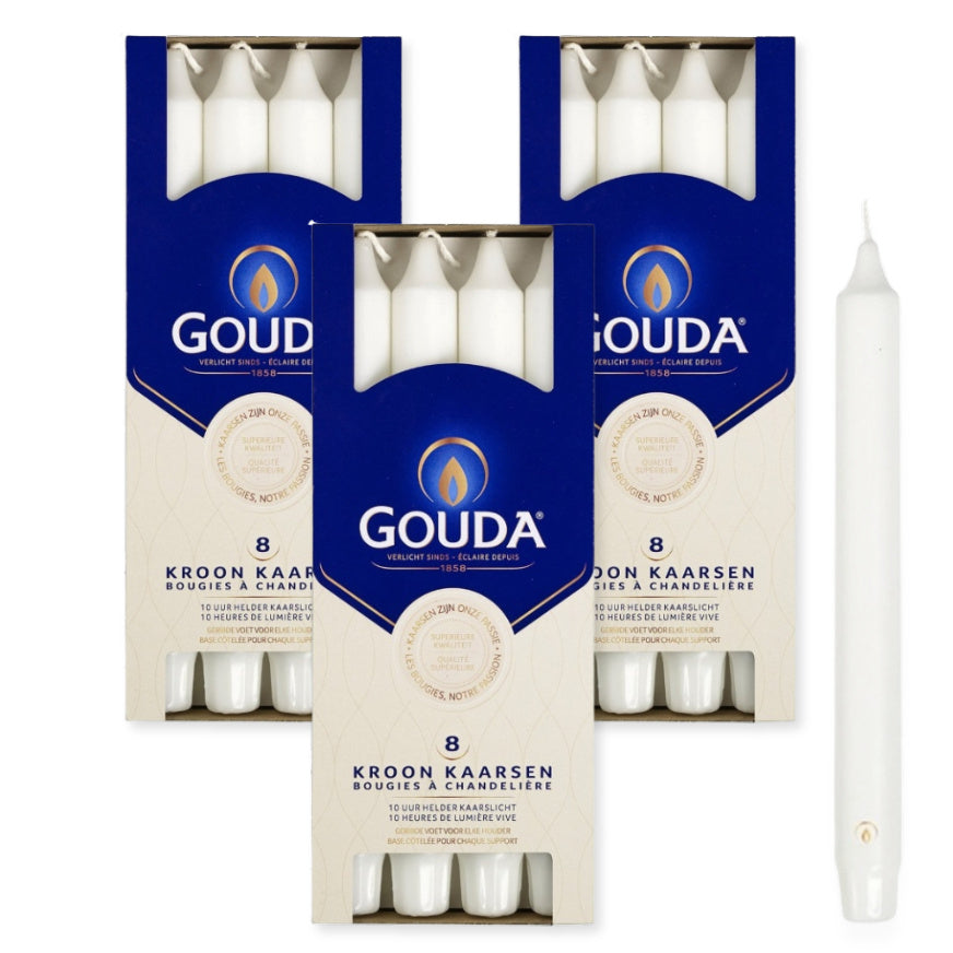 24 Stück Gouda Kronenkerzen 240x24mm 10h Stabkerzen Dienerkerzen (3x8er)