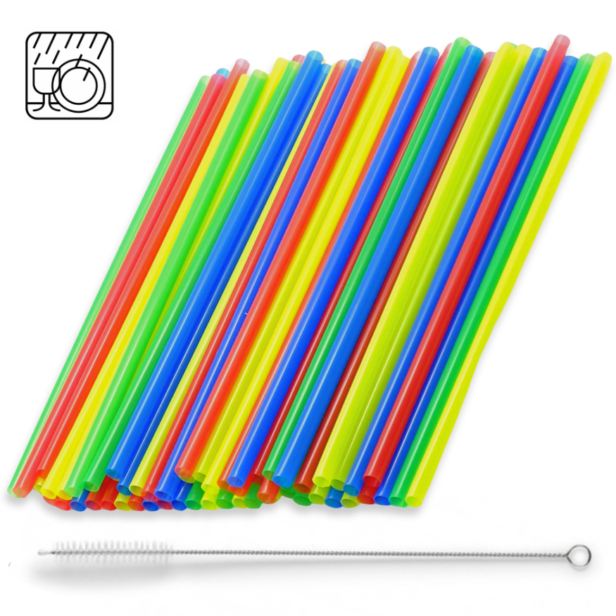 1.000 Stück Jumbo Mehrweg Trinkhalme 240x8mm Plastik Strohhalme + Bürste wiederverwendbar (2x500er)
