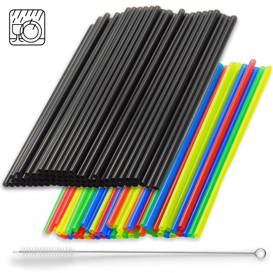 1.000 Stück Jumbo Mehrweg Trinkhalme 240x8mm Plastik Strohhalme + Bürste wiederverwendbar (2x500er)