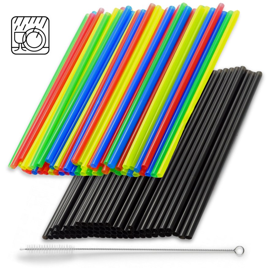 1.000 Stück Jumbo Mehrweg Trinkhalme 240x8mm Plastik Strohhalme + Bürste wiederverwendbar (2x500er)