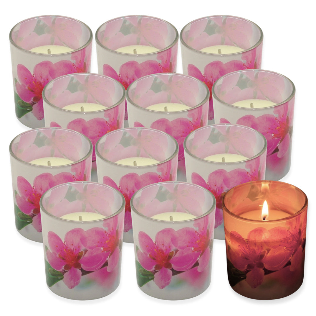 12er Set Kerzengläser 80x70mm Kerzen im Glas Windlicht (ohne Duft) - Kirschblüte
