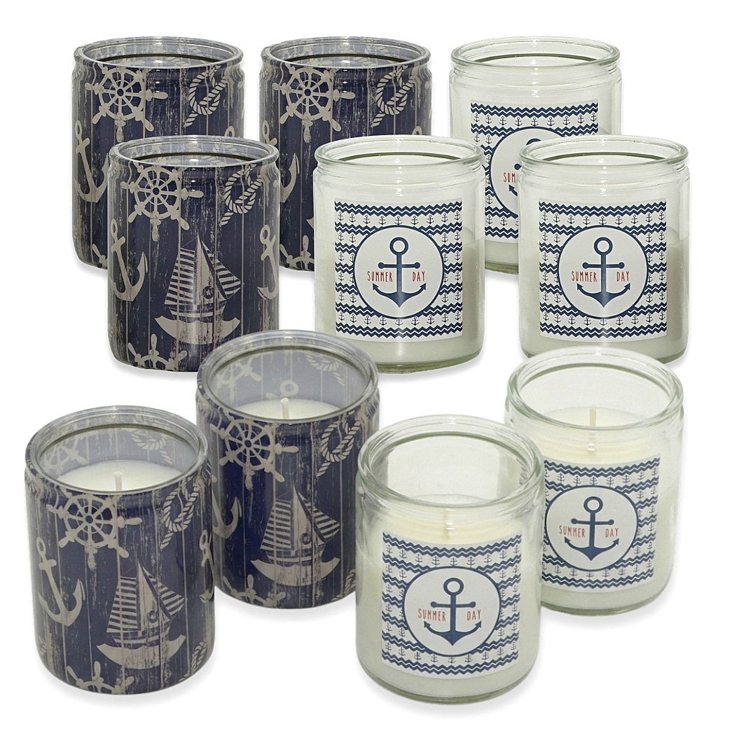10er Set Maritim Kerzengläser 82x68mm Kerzen im Glas Windlicht  (5 Blau + 5 Klar)