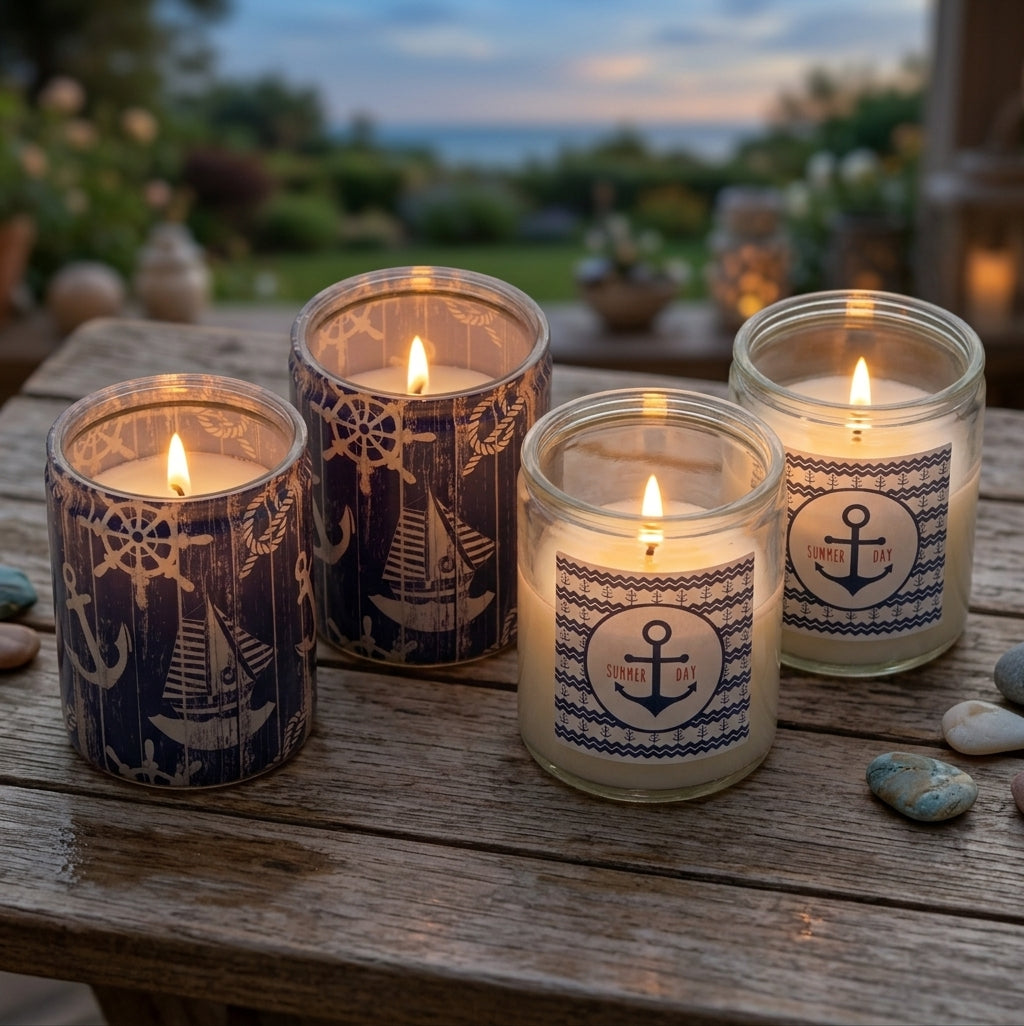 10er Set Maritim Kerzengläser 82x68mm Kerzen im Glas Windlicht  (5 Blau + 5 Klar)