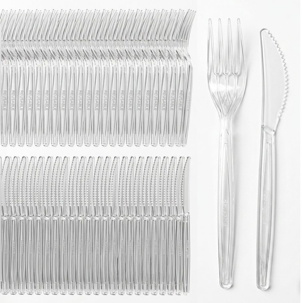 200-tlg. Mehrweg-Besteck Set (100 Gabeln + 100 Messer) Plastik wiederverwendbar - glasklar