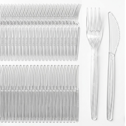 200-tlg. Mehrweg-Besteck Set (100 Gabeln + 100 Messer) Plastik wiederverwendbar - glasklar