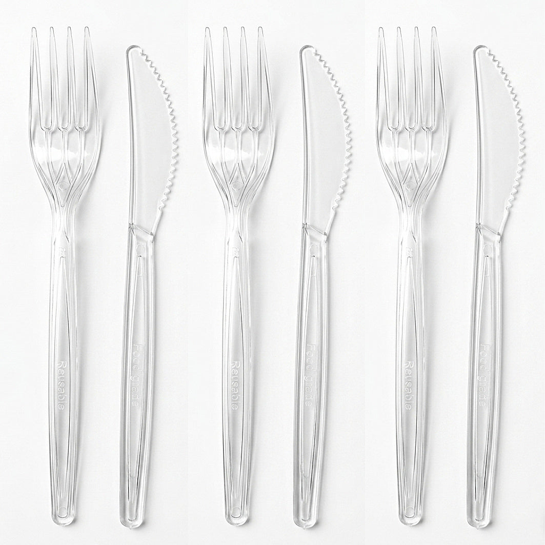 200-tlg. Mehrweg-Besteck Set (100 Gabeln + 100 Messer) Plastik wiederverwendbar - glasklar