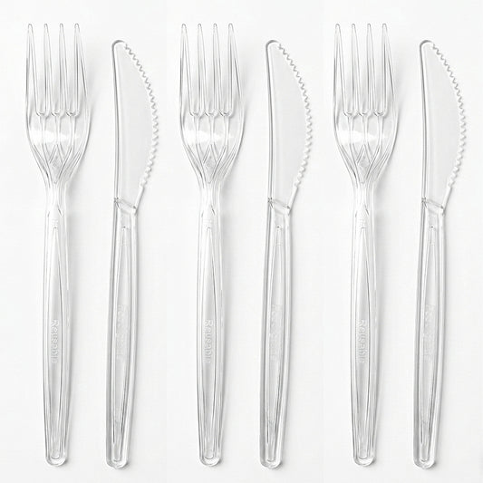 200-tlg. Mehrweg-Besteck Set (100 Gabeln + 100 Messer) Plastik wiederverwendbar - glasklar