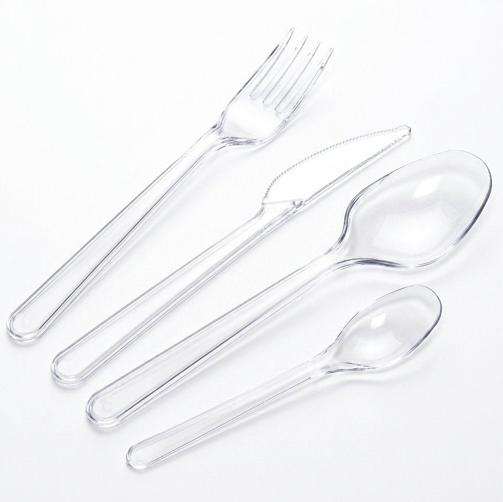 50er Pack Mehrweg-Besteck: Gabel Messer Löffel Kaffeelöffel Plastik wiederverwendbar - glasklar