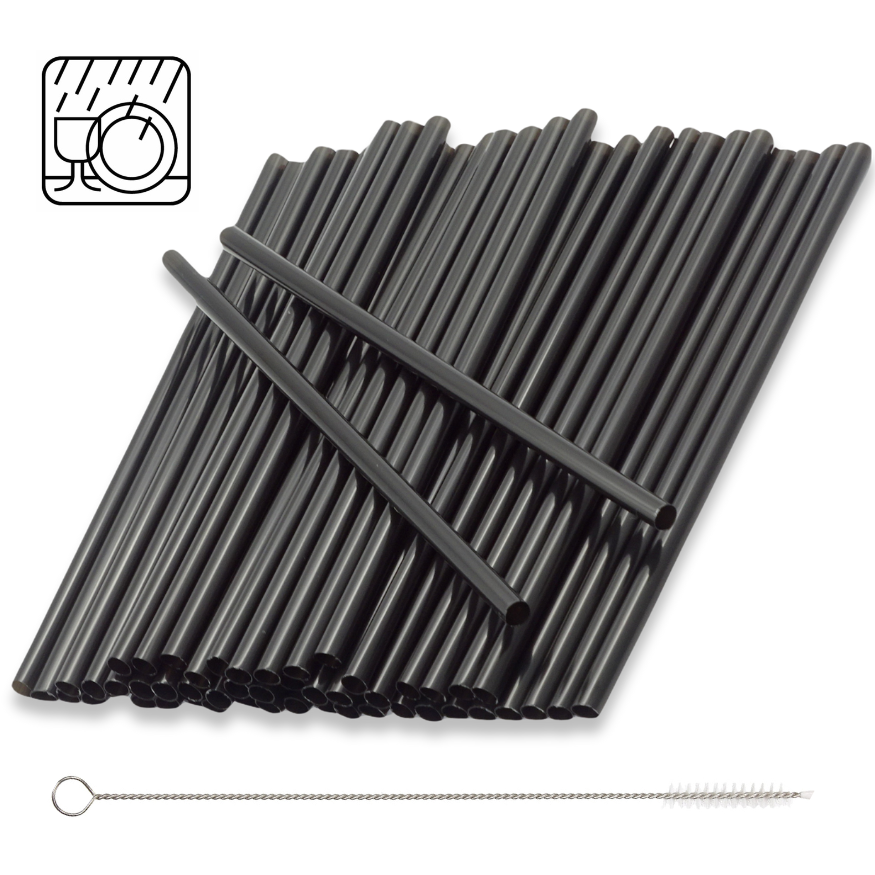 1.000 Stück Jumbo Mehrweg Trinkhalme Plastik 200x8mm Strohhalme + Bürste wiederverwendbar (2x500er) schwarz