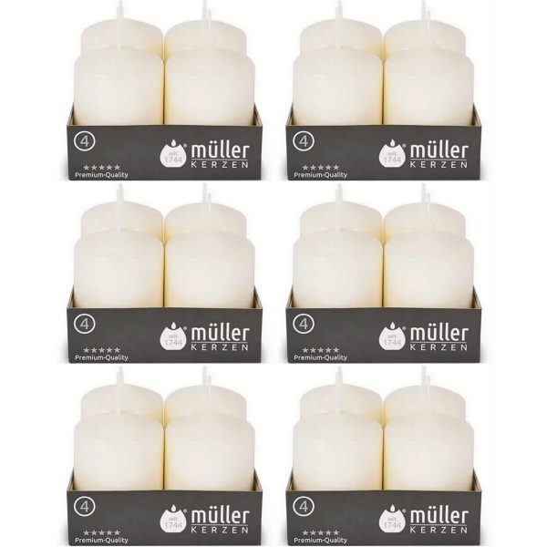 24 Stk Müller Stumpenkerzen 62x48mm BSS-Durchbrandsperre - Elfenbein (6x4er)