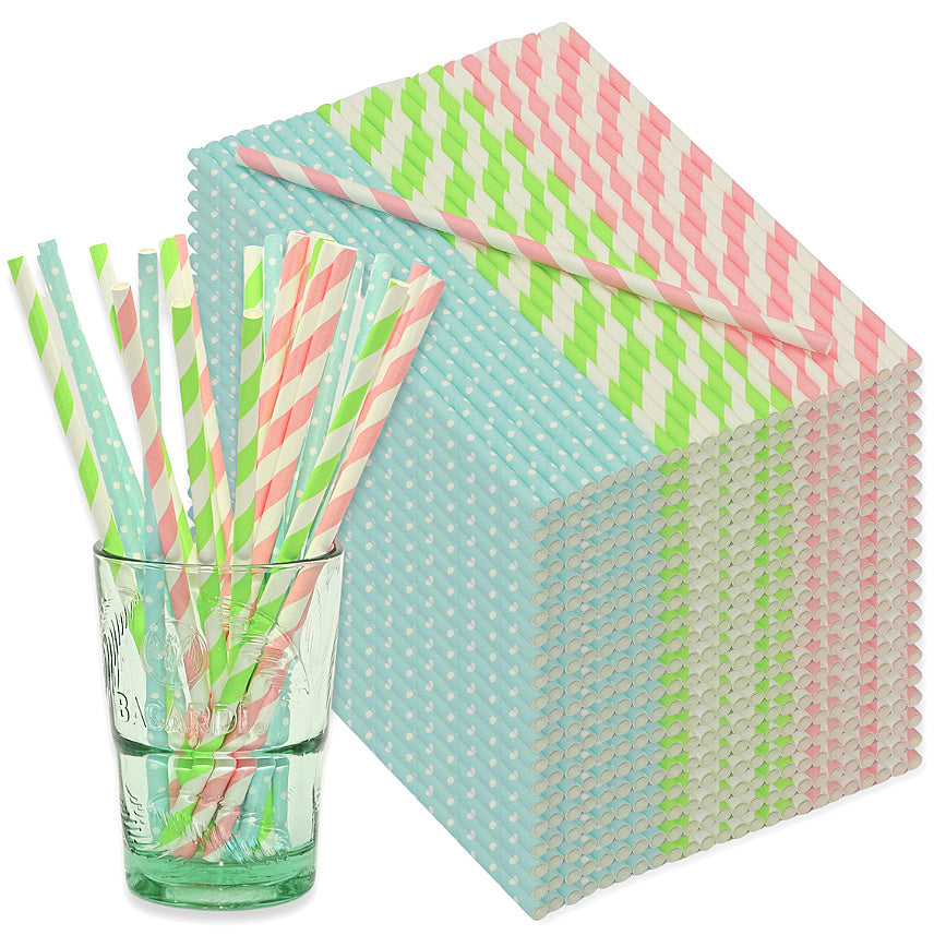 1.000 Stück Bio Papiertrinkhalme 200x5mm Strohhalme – bunt gestreift & gepunktet (40x25er)