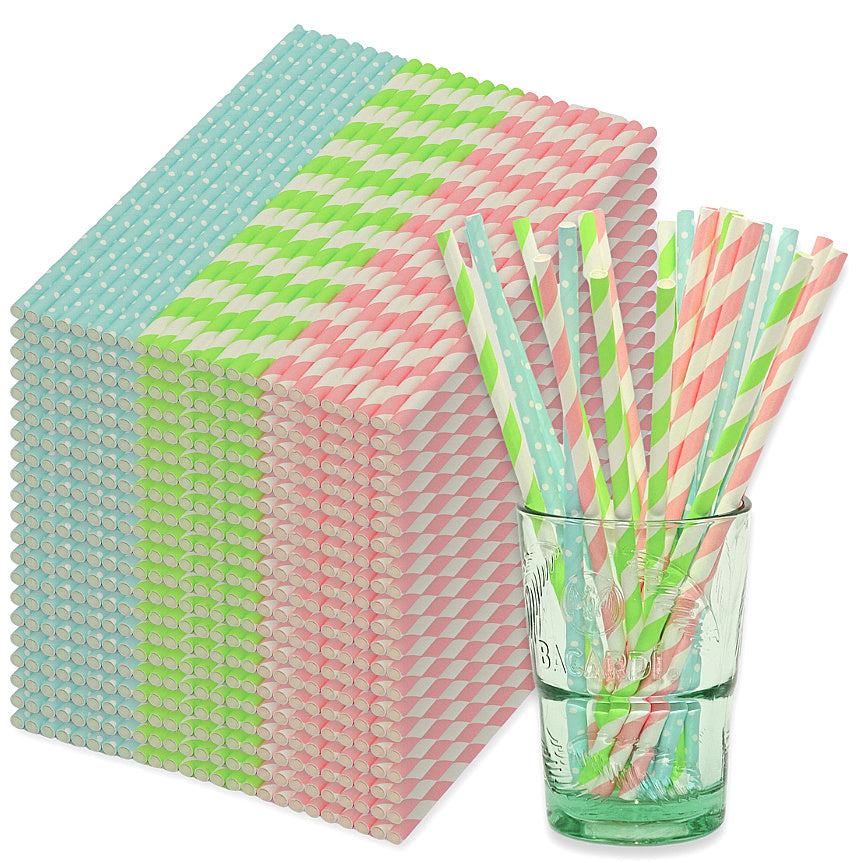 1.000 Stück Bio Papiertrinkhalme 200x5mm Strohhalme – bunt gestreift & gepunktet (40x25er)