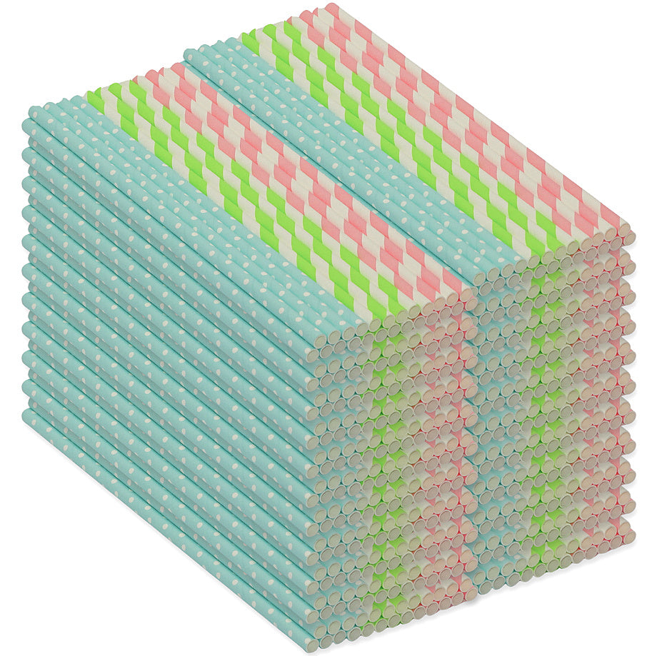 1.000 Stück Bio Papiertrinkhalme 200x5mm Strohhalme – bunt gestreift & gepunktet (40x25er)