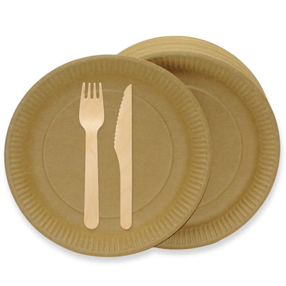 300 tlg. Bio Einweg Set: 100 Pappteller braun + 100 Gabel + 100 Messer Holzbesteck