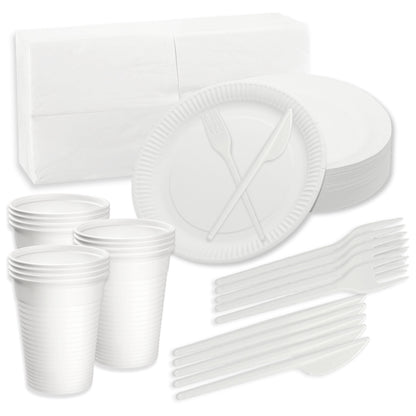 Party Set Einweg: 100 Pappteller + 100 Gabeln + 100 Messer + 100 Becher + 200 Servietten