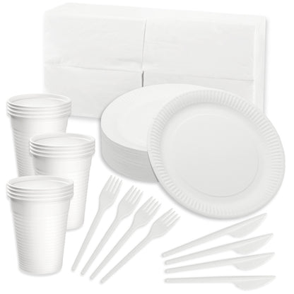 Party Set Einweg: 100 Pappteller + 100 Gabeln + 100 Messer + 100 Becher + 200 Servietten